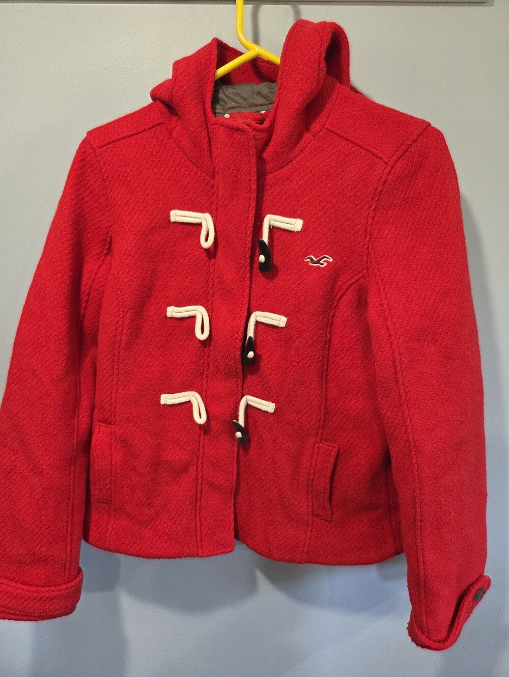 Hollister Red Hooded wool Jacket Pockets Logo Lined Long Sleeve Women's Size Lar